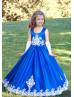 Royal Blue Satin White Lace Appliques Flower Girl Dress Royal Blue Satin White Lace Appliques Flower Girl Dress